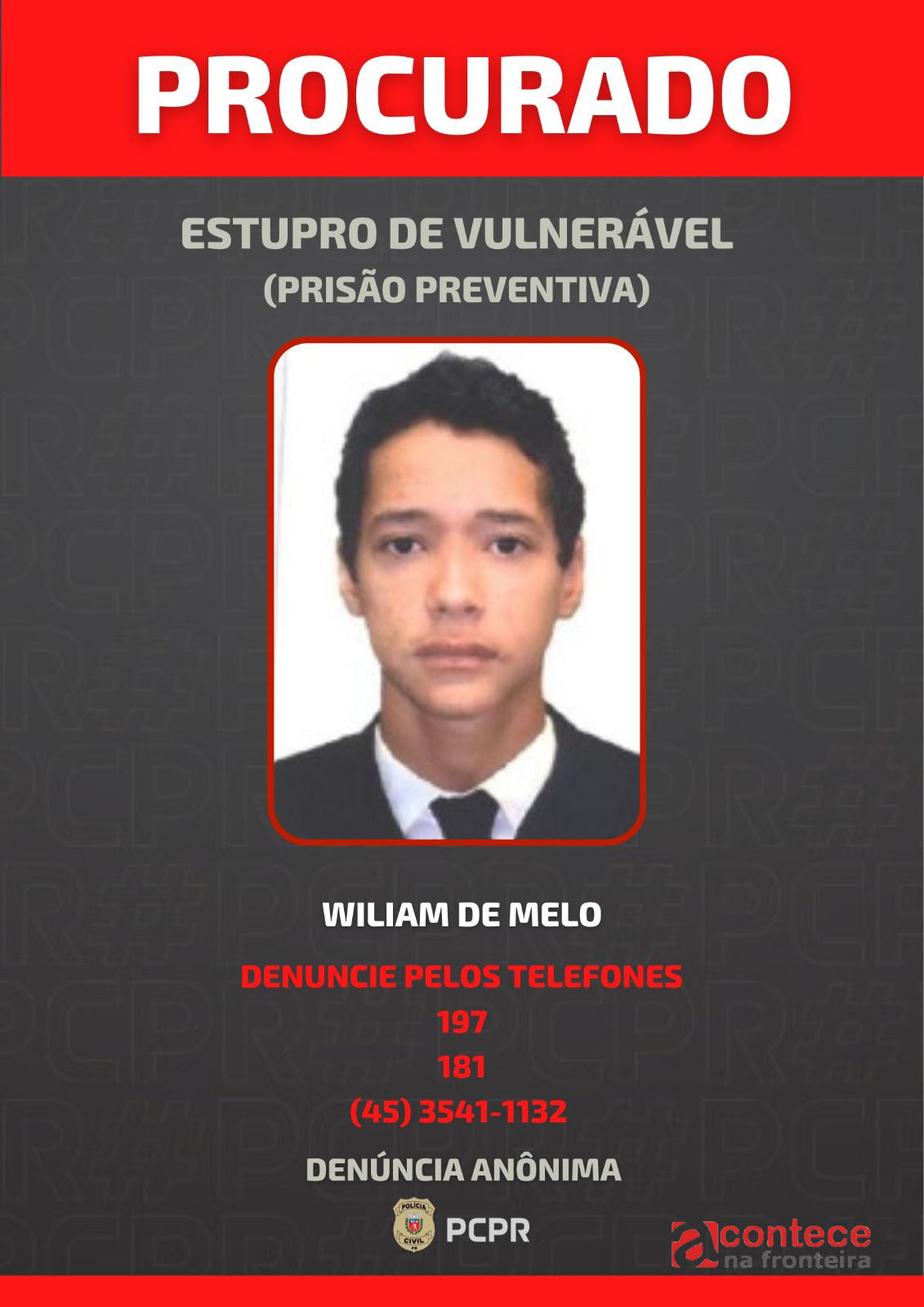 PCPR divulga foto de homem foragido por estupro de vulnerável em Santa Terezinha de Itaipu