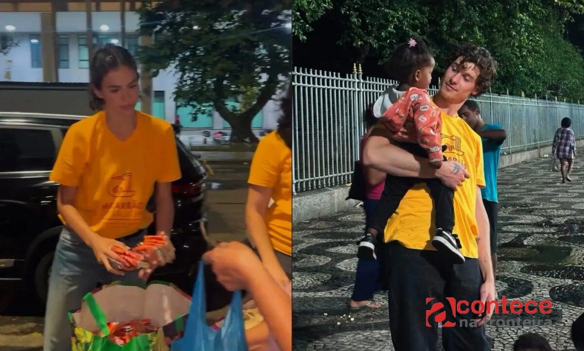 Bruna Marquezine e Shawn Mendes distribuem quentinhas nas ruas do Rio de Janeiro em ação social