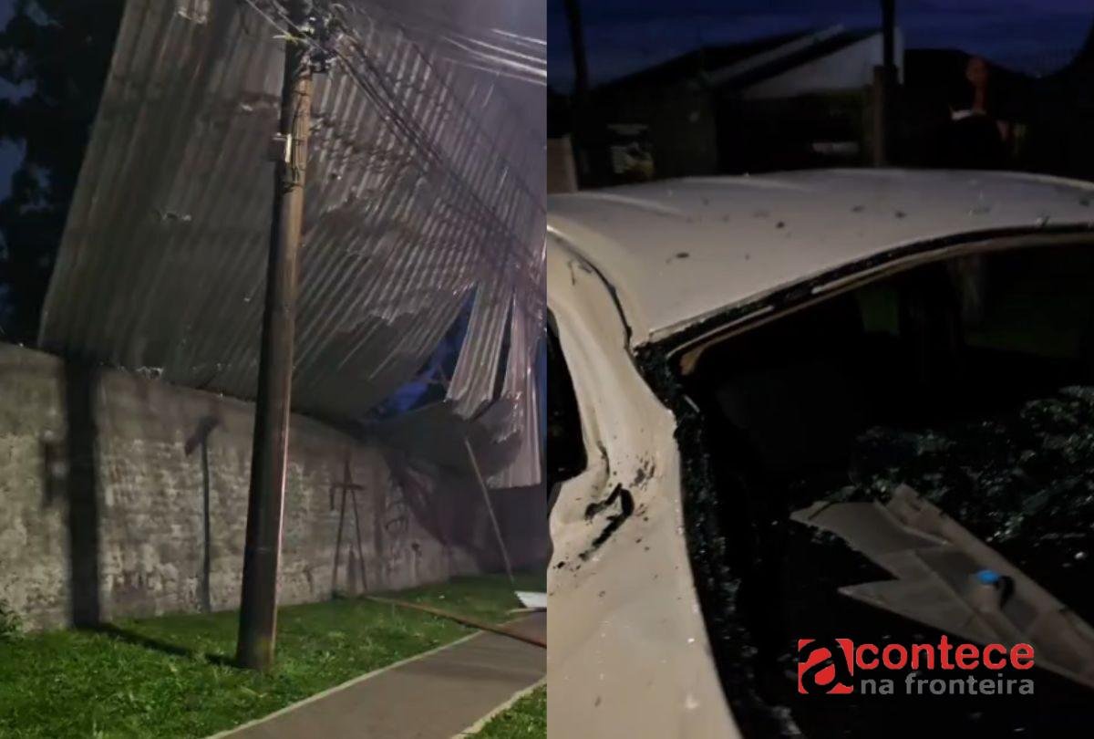 Cobertura de barracão desaba durante ventania e atinge carro em Curitiba