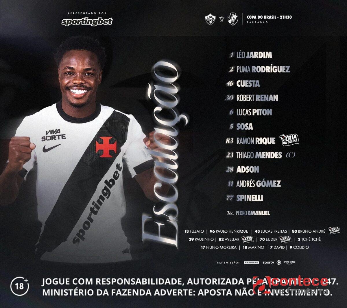 Com Spinelli titular e Colidio no banco, Vasco divulga escalação para jogo de volta com o Vitória, pela Copa do Brasil
