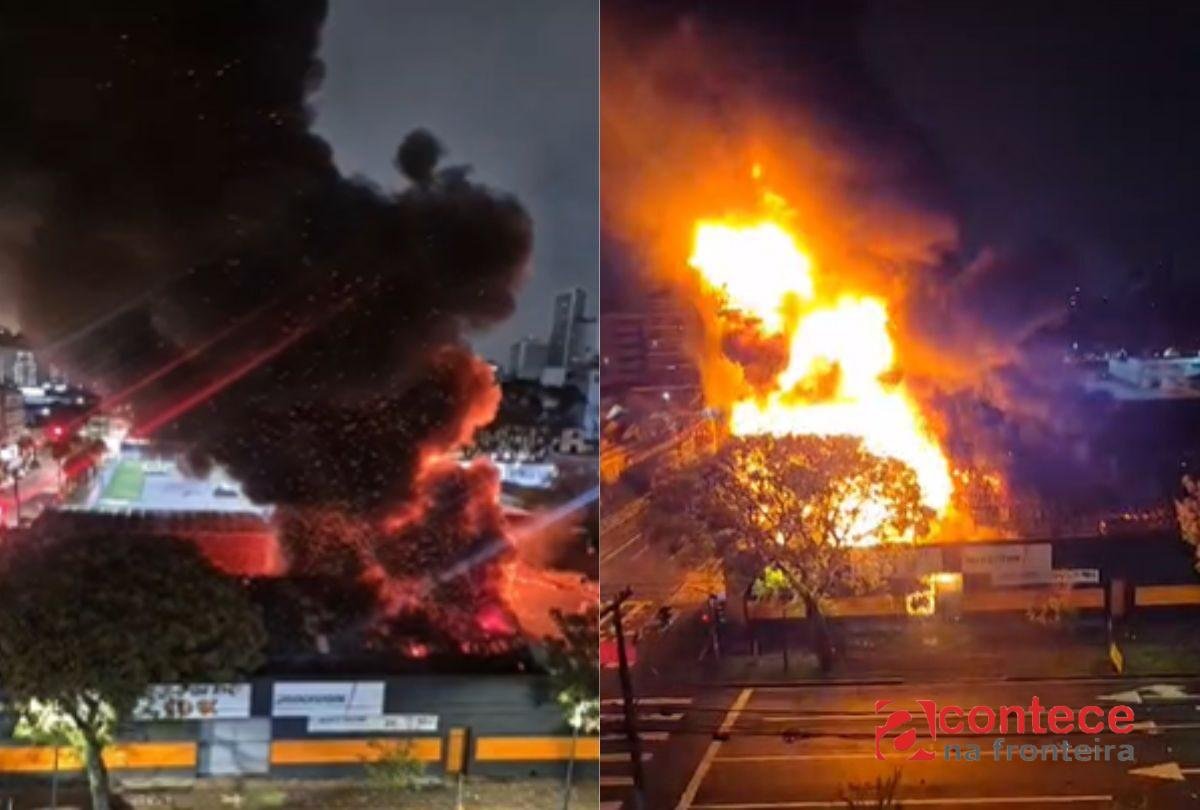 Incêndio de grandes proporções destrói loja de pneus em Curitiba