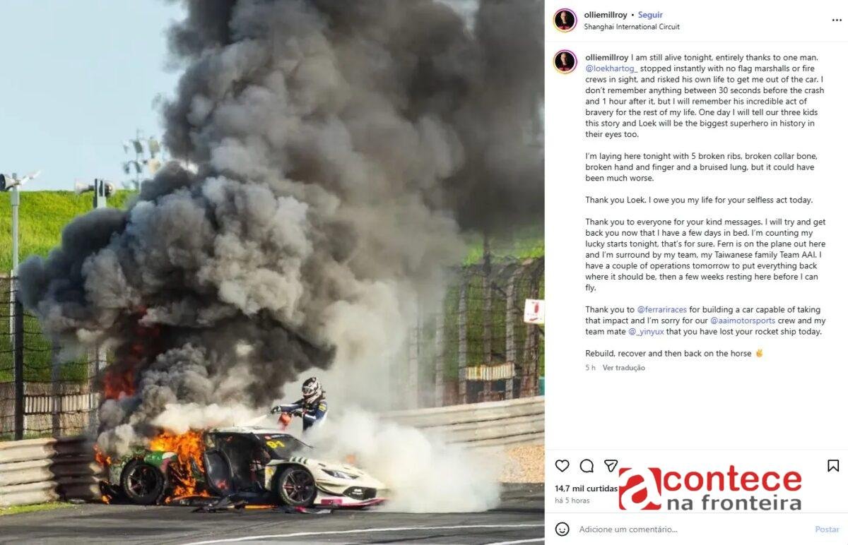 No China GT, piloto abandona corrida e salva companheiro de carro em chamas, que agradece: 'Maior super-herói da história'