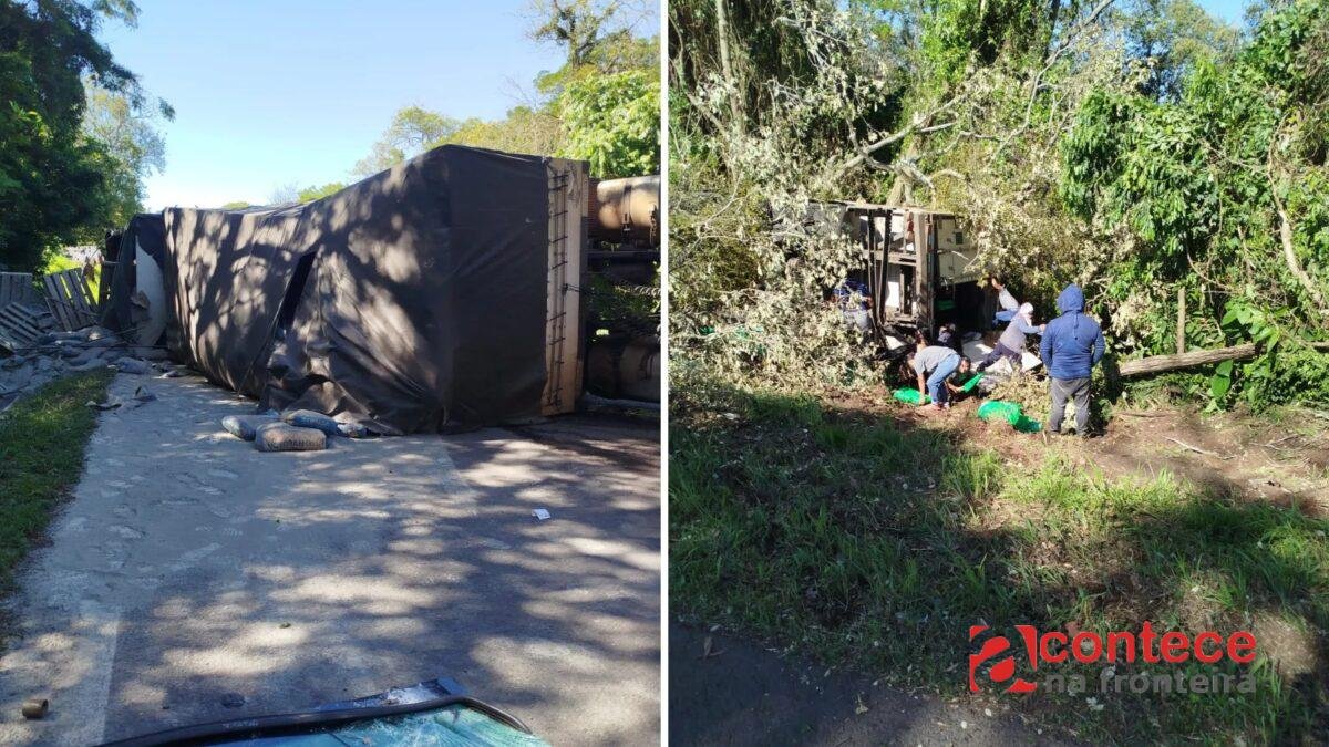 Tombamento de dois caminhões bloqueia BR-277, no Paraná; carga de um deles foi saqueada